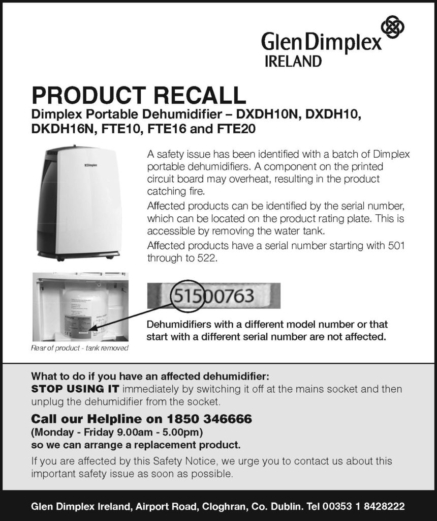 New Dimplex Dehumidifier Recall July 2017